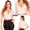 Blusa crop top rosa floral con encaje – Ref Y3474 | Moda femenina elegante